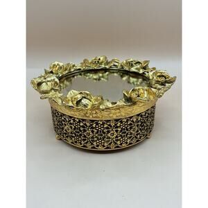 Vintage Hollywood Regency Gold Filigree Glass Mirror Trinket Jewelry Box